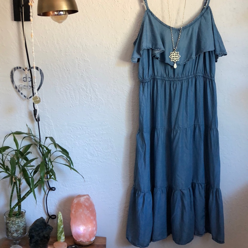 Long Cold Shoulder Chambray Dress